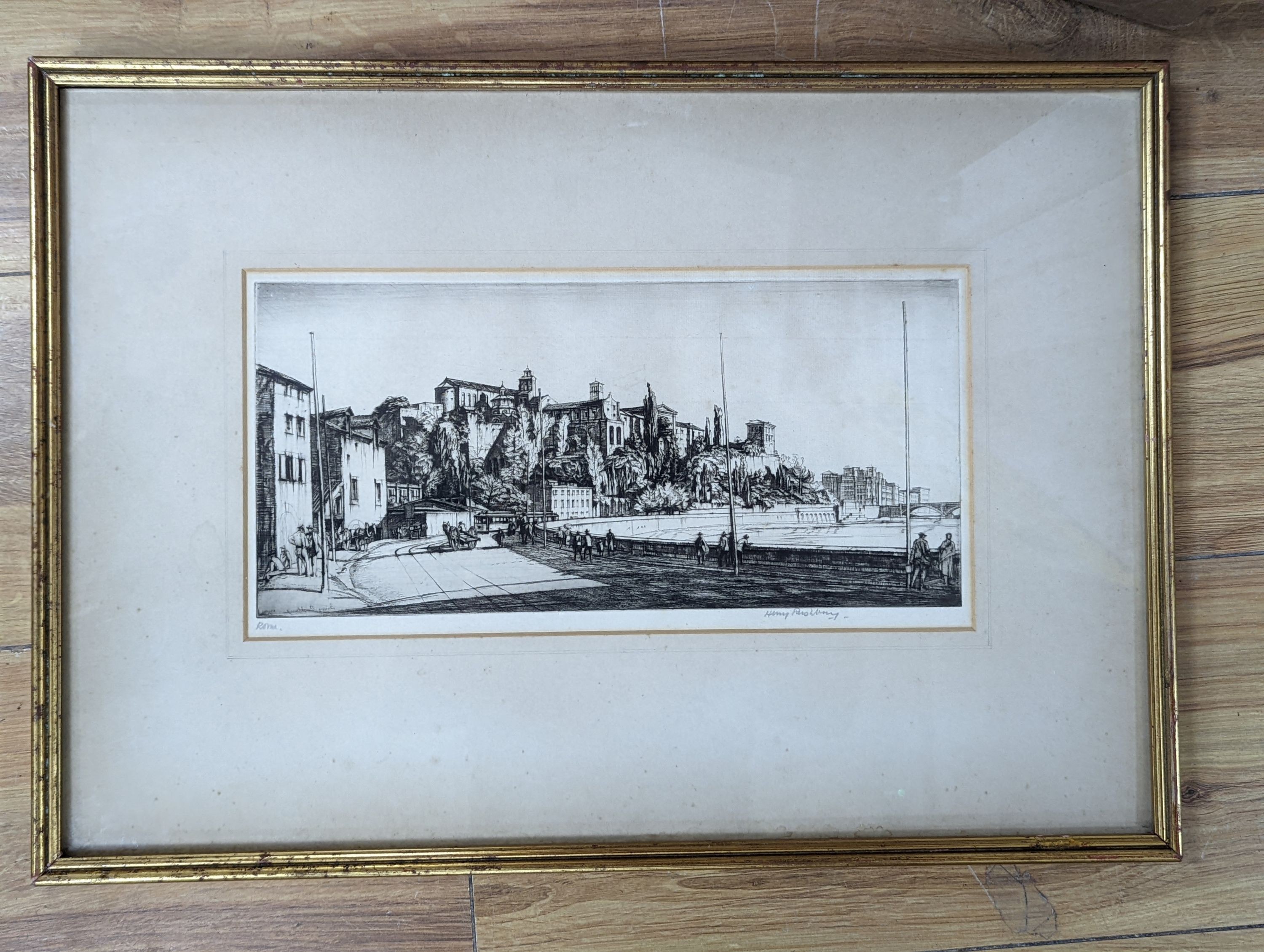 Henry George Rushbury (1889-1968), etching, 'Monte Aventino, Rome', signed in pencil, 14 x 29.5cm
